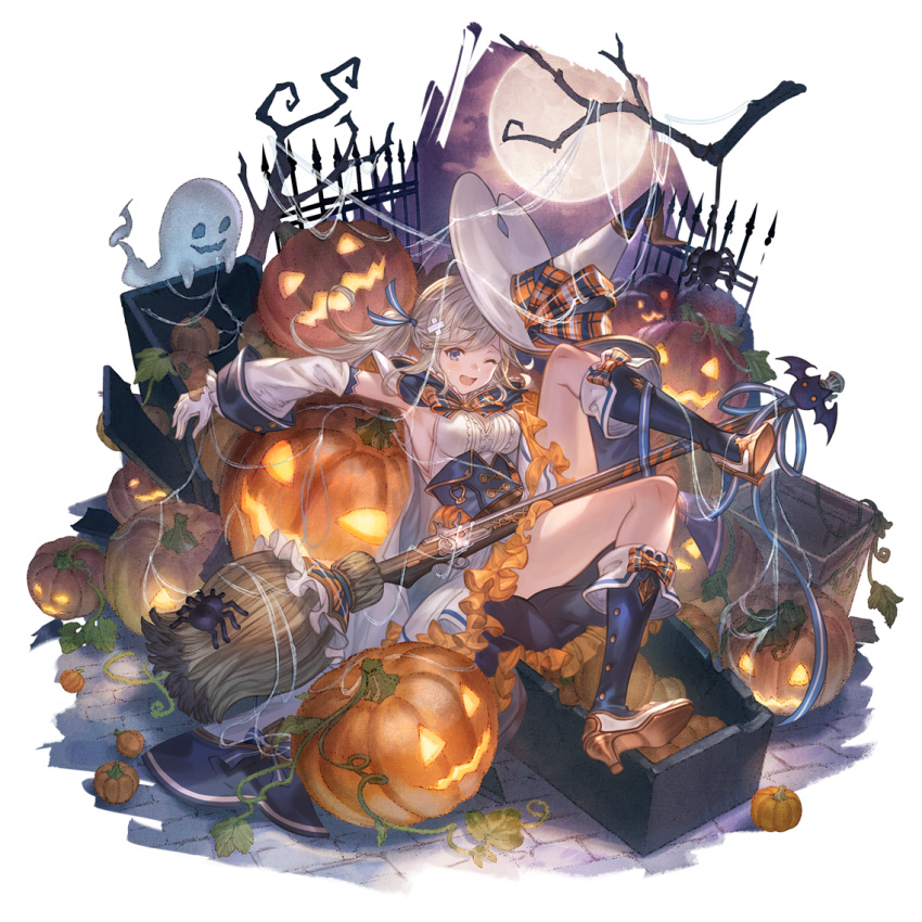 bandaid bandaid_on_head bare_tree basket blonde_hair blue_eyes blue_footwear blue_ribbon boots breasts broom cape cleavage_cutout clothing_cutout coffin corset crossed_bandaids cucouroux_(granblue_fantasy) cucouroux_(halloween)_(granblue_fantasy) detached_sleeves dress fallen_down female fence flower full_body ghost gloves granblue_fantasy gun hair_ribbon hat high_heel_boots high_heels jack-o'-lantern looking_at_viewer medium_breasts official_alternate_costume official_art one_eye_closed open_mouth outstretched_arm plant pumpkin ribbon sidelocks silk smile solo spider_lily transparent_background tree twintails vines weapon white_dress white_gloves witch_hat