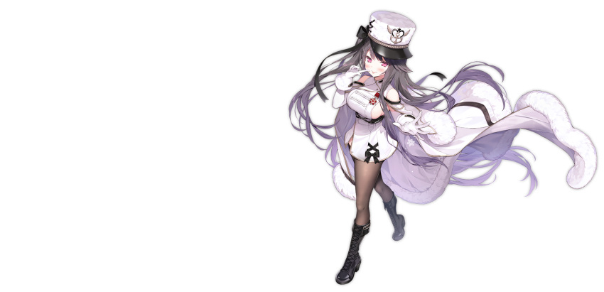 azur_lane black_footwear black_legwear boots breasts byulzzi coat female finger_to_mouth full_body fur-trimmed_coat fur_trim gloves grey_hair hat highres large_breasts long_hair medal official_art order_of_the_patriotic_war pamiat_merkuria_(azur_lane) pamiat_merkuria_(retrofit)_(azur_lane) pantyhose purple_eyes sideboob standing tongue tongue_out transparent_background very_long_hair white_gloves white_headwear