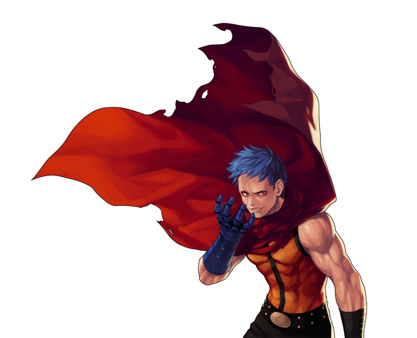 1boy arm_at_side bare_shoulders belt biceps black_belt black_pants blue_gloves blue_hair cape commentary_request covered_abs cowboy_shot evilgun floating_cape gloves hand_up k9999 looking_at_viewer male_focus orange_shirt pants pectorals red_cape red_eyes shirt shirt_tucked_in short_hair simple_background sleeveless sleeveless_shirt smile smirk smug solo standing studded_belt the_king_of_fighters toned toned_male torn_cape torn_clothes white_background