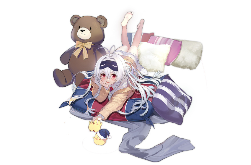 ahoge azur_lane barefoot feet female hair_between_eyes highres huoyi_(zzh100200) indoors looking_at_viewer lying manjuu_(azur_lane) mask mask_on_head official_alternate_costume official_art on_stomach pillow red_eyes sleep_mask stremitelny_(azur_lane) stremitelny_(no_snow_no_life)_(azur_lane) stuffed_animal stuffed_toy sweater teddy_bear tongue tongue_out transparent_background white_hair