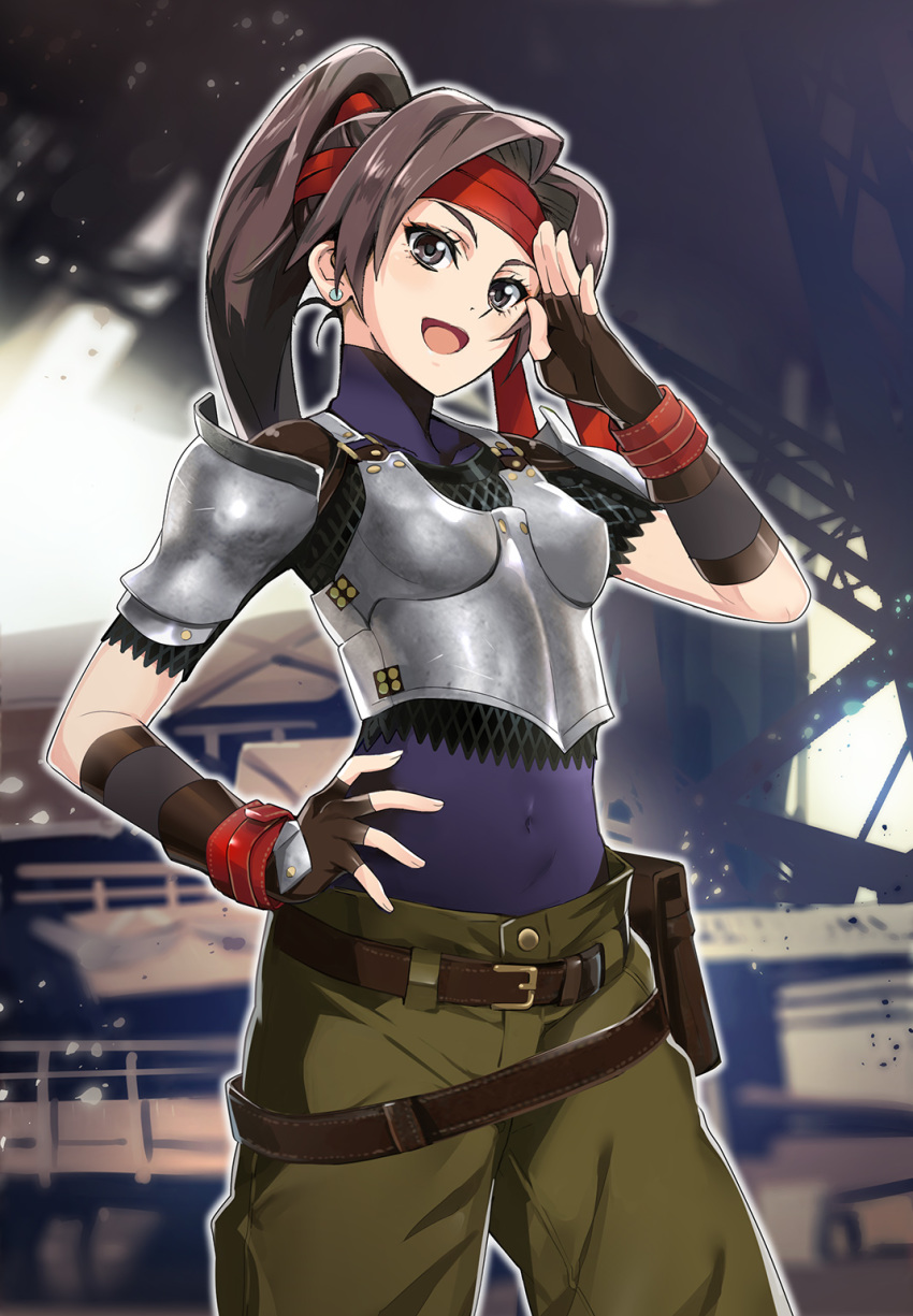 :d armor belt belt_pouch black_gloves bodysuit bodysuit_under_clothes boobplate breastplate breasts brown_belt brown_eyes brown_hair chainmail commentary covered_collarbone covered_navel cowboy_shot earrings elbow_sleeve female final_fantasy final_fantasy_vii final_fantasy_vii_remake fingerless_gloves fishnet_top fishnets gloves green_pants hand_on_own_hip headband highres impossible_armor jessie_rasberry jewelry long_hair looking_at_viewer nyoro_(nyoronyoro000) open_mouth pants parted_bangs photoshop_(medium) ponytail pouch red_headband salute shoulder_armor sidelocks smile solo standing