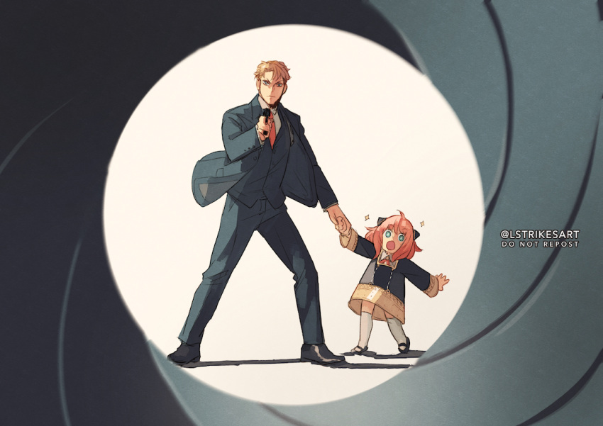 1boy :o aiming aiming_at_viewer anya_(spy_x_family) blonde_hair commentary dress eden_academy_school_uniform father_and_daughter female formal full_body green_eyes gun gun_barrel_sequence hairpods holding_hands james_bond_(series) lightningstrikes lolicon necktie pink_hair red_necktie school_uniform shadow spy_x_family standing suit symbol-only_commentary thighhighs twilight_(spy_x_family) twitter_username weapon white_thighhighs