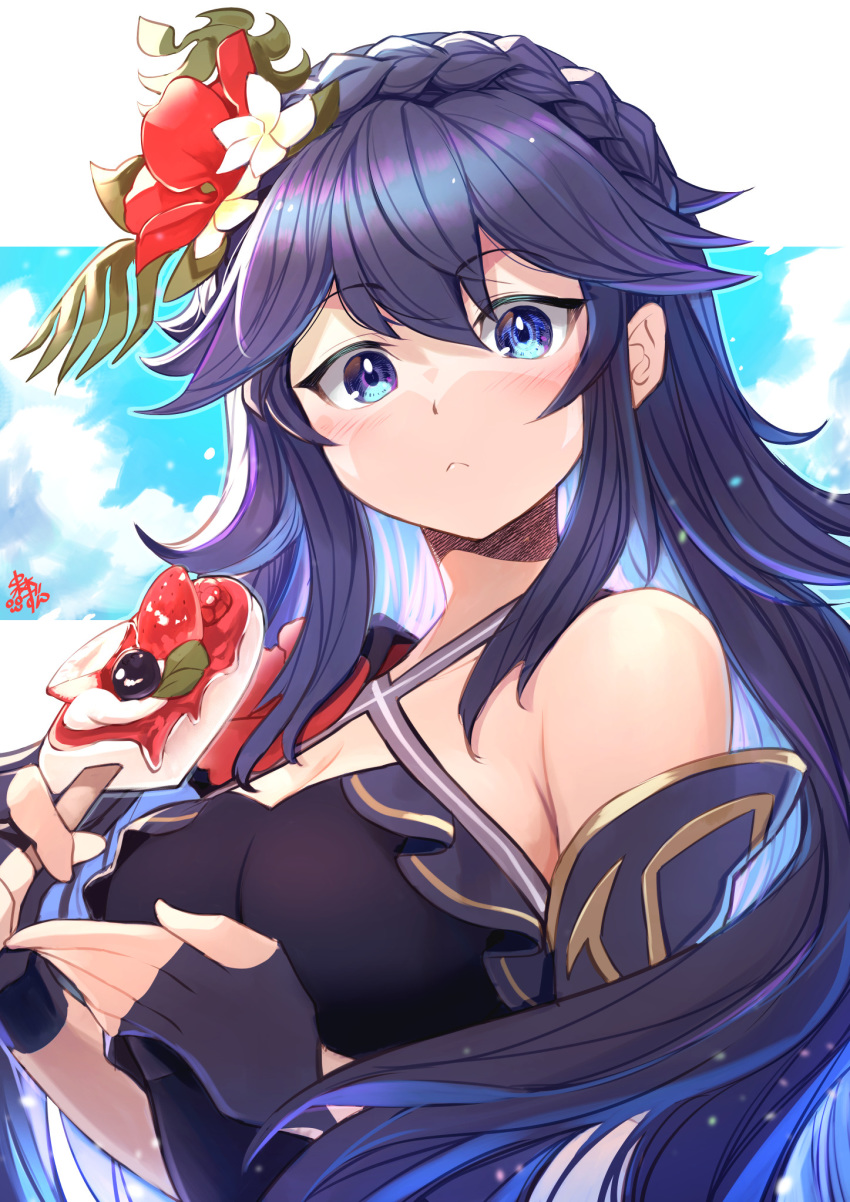 blue_eyes blue_hair braid breasts cleavage closed_mouth crown_braid female fingerless_gloves fire_emblem fire_emblem_awakening fire_emblem_heroes flower gloves hair_flower hair_ornament highres holding long_hair lucina_(fire_emblem) lucina_(summer)_(fire_emblem) marth_(fire_emblem_awakening) nakabayashi_zun solo swimsuit upper_body