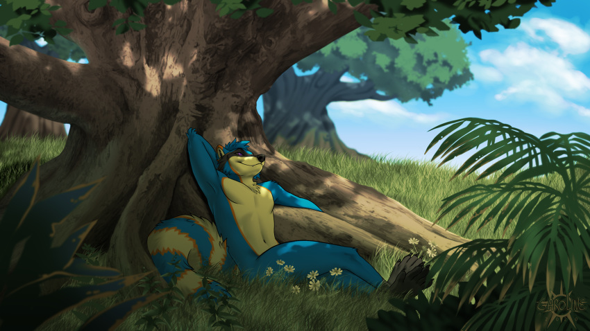 2020 anthro blue_body blue_fur blue_hair day detailed_background digital_media_(artwork) fur grass hair hi_res kero_tzuki male mammal nude outside plant procyonid raccoon sky solo tree