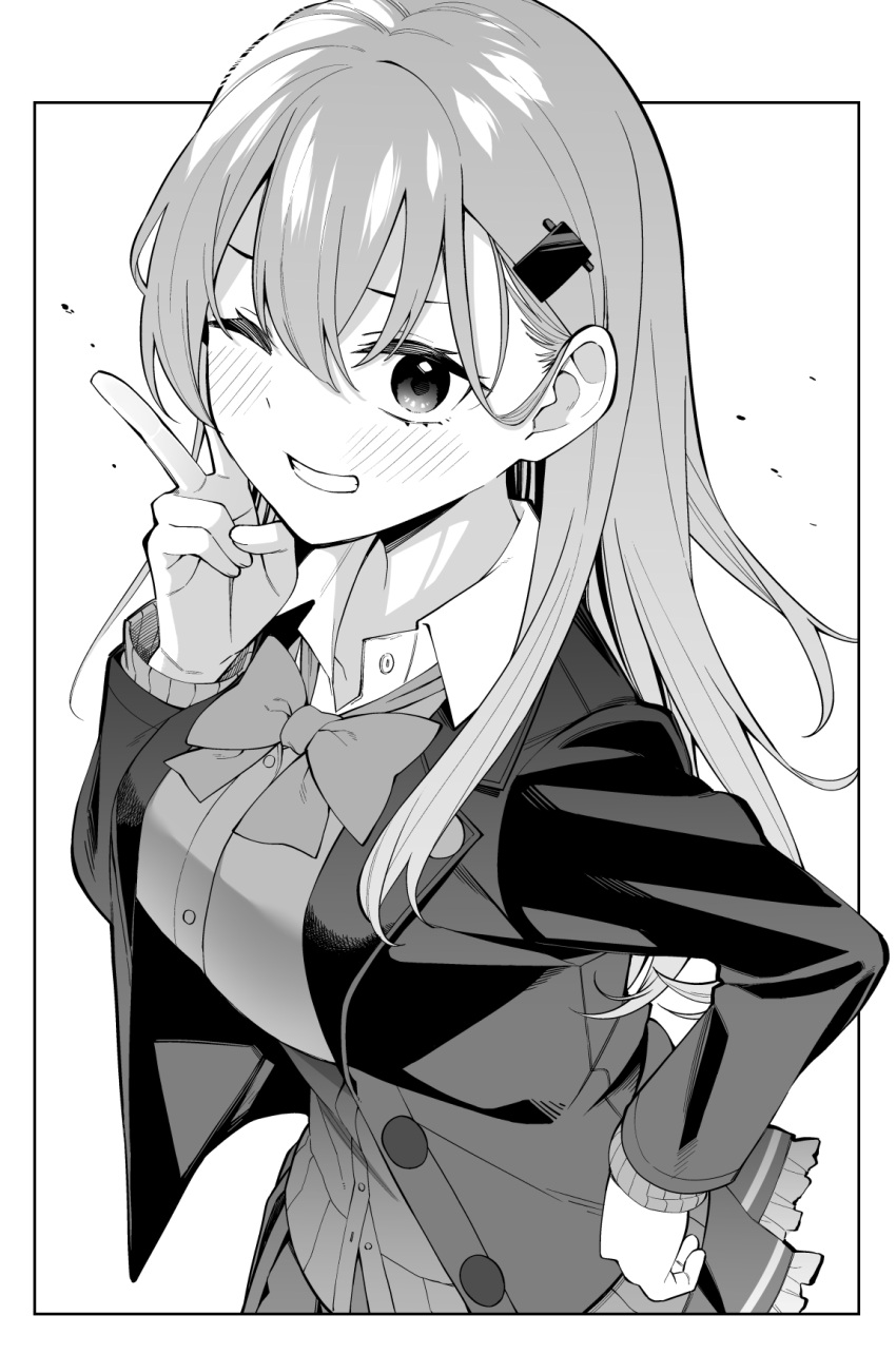 ;) blush bow bowtie byte_(allbyte) cardigan female greyscale hair_ornament hairclip hand_on_own_hip highres kantai_collection long_hair looking_at_viewer monochrome one_eye_closed open_cardigan open_clothes school_uniform smile solo suzuya_(kancolle) suzuya_kai_ni_(kancolle) v vest