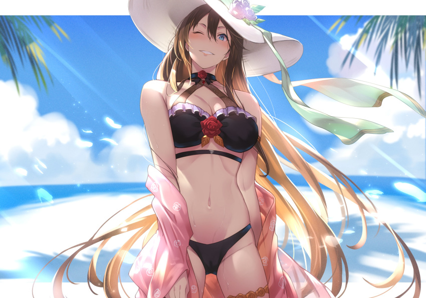 ;) absurdres bare_shoulders beach bikini black_bikini blue_eyes blue_sky blush breasts brown_hair choker cleavage cloud commentary_request day female flower granblue_fantasy grin groin hair_between_eyes hair_flower hair_ornament hat hat_flower hat_ribbon highres kakage large_breasts long_hair looking_at_viewer navel ocean off_shoulder official_alternate_costume one_eye_closed outdoors outside_border palm_tree red_flower red_rose ribbon rose rosetta_(granblue_fantasy) rosetta_(summer)_(granblue_fantasy) sidelocks sky smile solo stomach sun_hat sunlight swimsuit swimsuit_cover-up thigh_strap tree very_long_hair wet white_hat