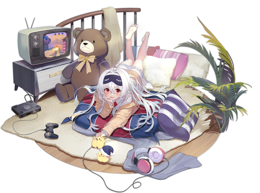 ahoge azur_lane barefoot controller feet female game_controller hair_between_eyes highres huoyi_(zzh100200) indoors looking_at_viewer lying manjuu_(azur_lane) mask mask_on_head official_alternate_costume official_art on_stomach pillow red_eyes sleep_mask stremitelny_(azur_lane) stremitelny_(no_snow_no_life)_(azur_lane) stuffed_animal stuffed_toy sweater teddy_bear television tongue tongue_out transparent_background white_hair