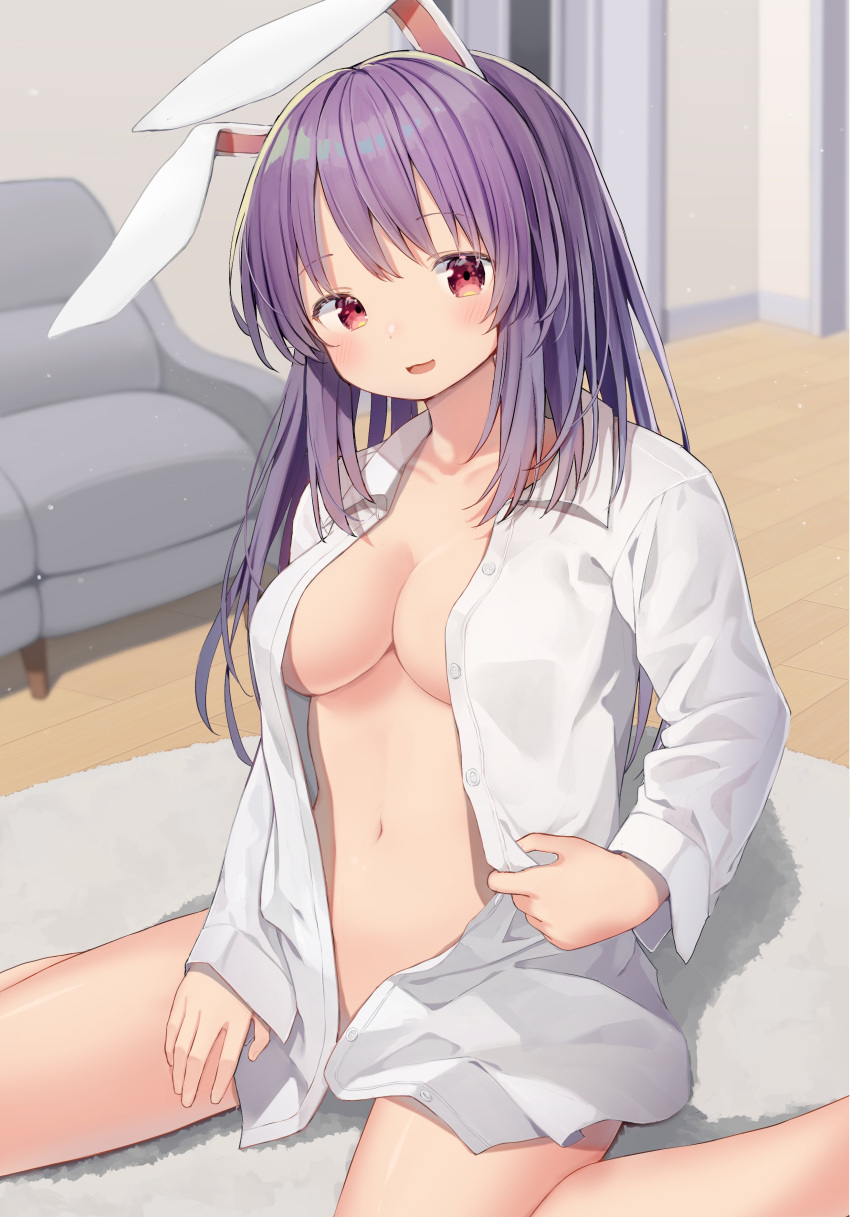 absurdres animal_ears blush breasts closed_mouth collarbone commentary_request couch female foot_out_of_frame highres indoors long_hair mamemochi medium_breasts naked_shirt navel open_clothes open_shirt purple_hair rabbit_ears red_eyes reisen_udongein_inaba shirt sitting solo touhou wariza white_shirt