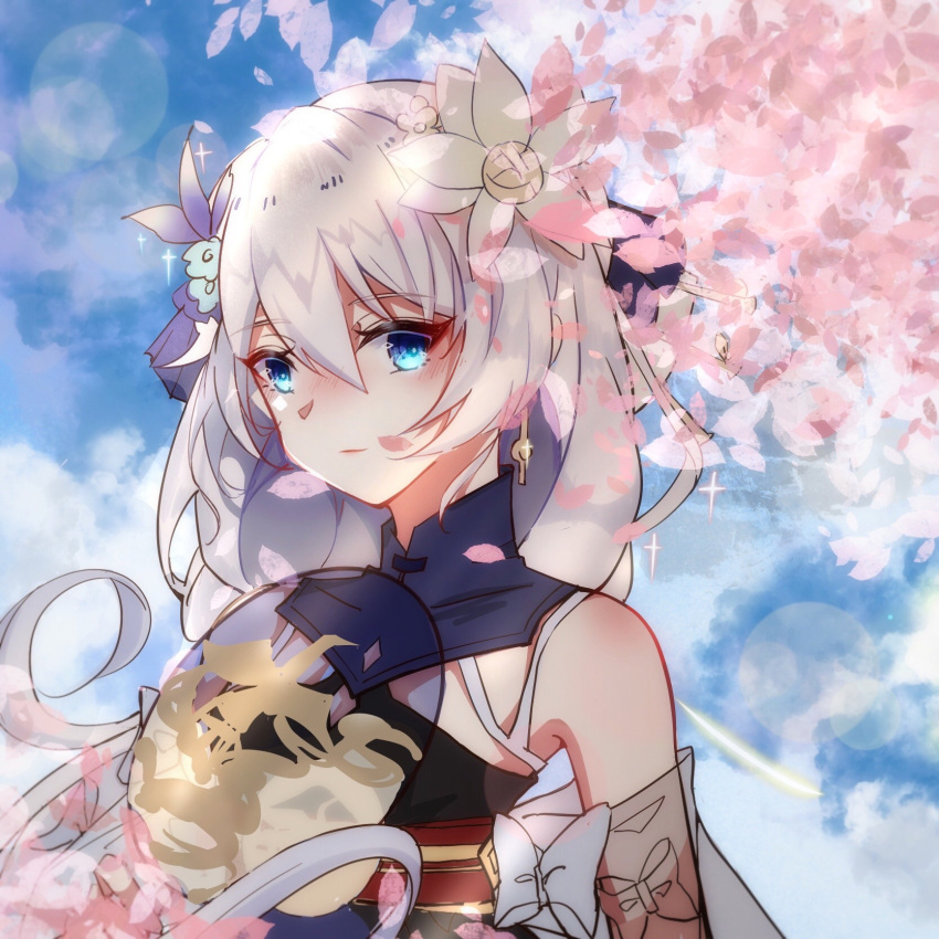 97552153 bare_shoulders blue_eyes blue_flower blue_sky cherry_blossoms china_dress chinese_clothes chinese_commentary closed_mouth cloud dress earrings female flower hair_between_eyes hair_flower hair_ornament hand_fan highres holding holding_fan honkai_(series) honkai_impact_3rd jewelry long_hair looking_at_viewer outdoors petals sky sleeveless solo theresa_apocalypse transparent_fan tuanshan white_flower white_hair zhuge_kongming_(honkai_impact)