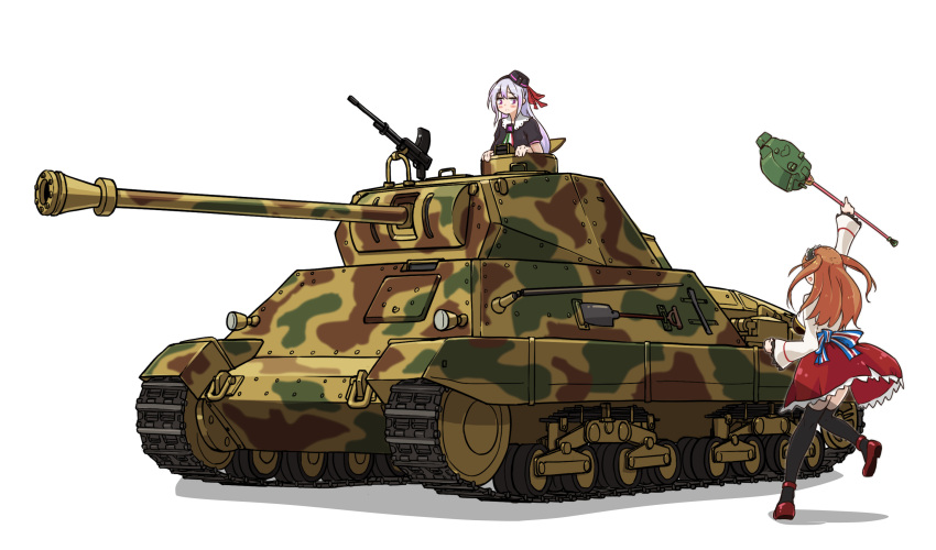 .live 2girls :< black_legwear blush brown_hair carro_armato_p40 carro_pino cupola gun hat highres leg_up machine_gun military military_vehicle motor_vehicle multiple_girls open_mouth purple_hair simple_background tank tank_turret thighhighs thread virtual_youtuber voizerick weapon white_background