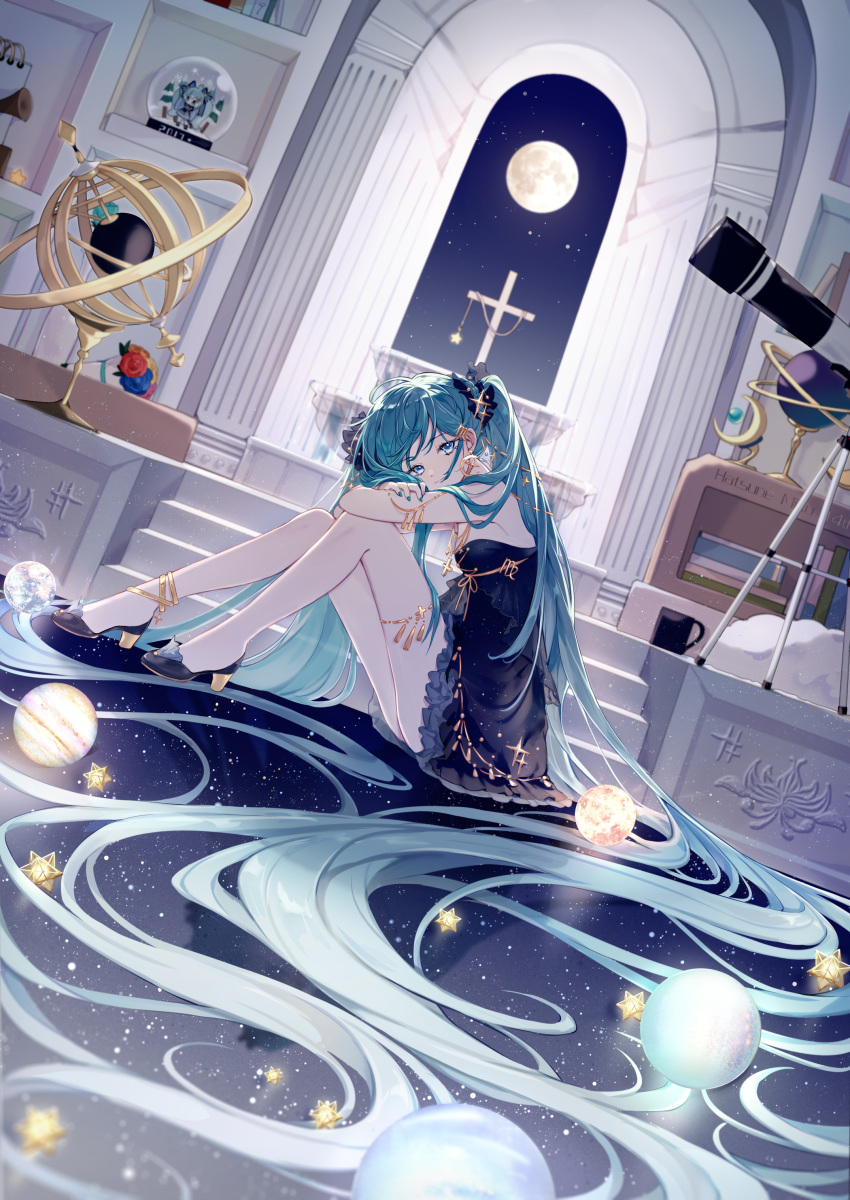 absurdly_long_hair absurdres aqua_eyes aqua_hair arch astrolabe black_ribbon blue_dress book book_stack bouquet chains commentary crescent crescent_earrings cross cross_necklace cup dress dutch_angle earrings female flower full_moon gold_chain green_nails gyroscope hair_ornament hair_ribbon hatsune_miku high_heels highres jewelry jupiter_(planet) knees_up long_hair looking_at_viewer moon moon_(ornament) mug nail_polish necklace nishina_hima on_floor planet ribbon rose sitting sky small_stellated_dodecahedron snow_globe solo stairs star_(sky) star_(symbol) starry_sky telescope twintails very_long_hair vocaloid window yuki_miku yuki_miku_(2017)