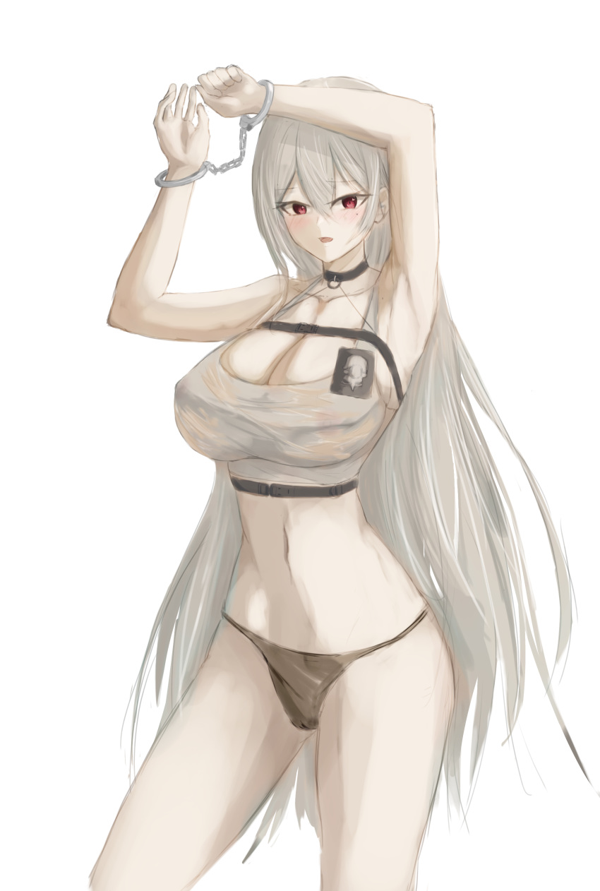 absurdres armpits arms_up azur_lane black_choker black_panties blush bra breasts choker cleavage collarbone covered_nipples crop_top cuffed cuffs female handcuffs highres lom_(lom_lom_8) looking_at_viewer medium_breasts mole mole_under_eye navel open_mouth panties shirt solo sovetskaya_rossiya_(azur_lane) sovetskaya_rossiya_(the_lackadaisical_lookout)_(azur_lane) stomach underwear white_background white_bra