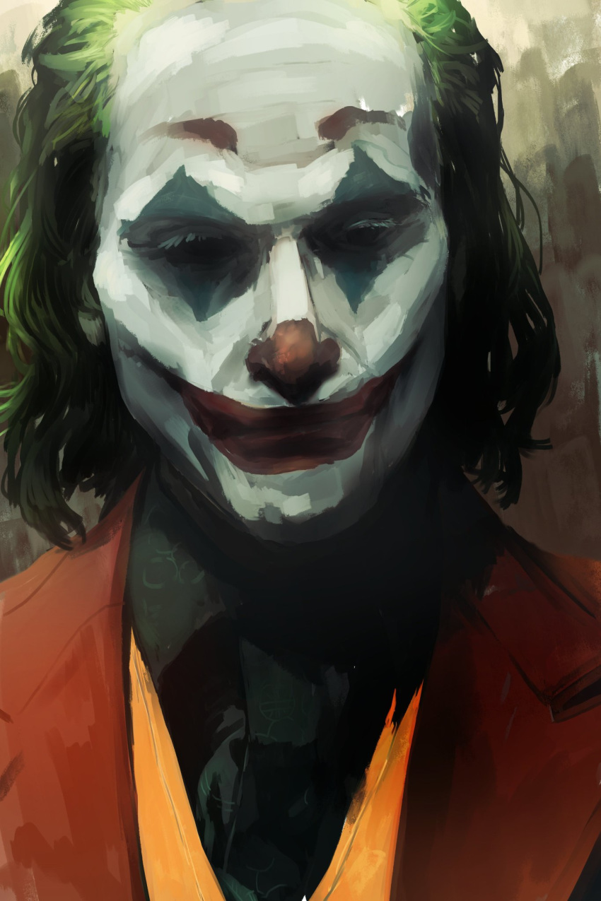 1boy arthur_fleck batman_(series) black_shirt close-up closed_mouth clown collared_shirt commentary_request dc_comics facepaint formal green_hair highres jacket joker_(2019) joker_(dc) male_focus matsunaga777 portrait red_jacket red_suit shirt short_hair smile solo suit