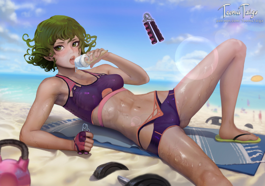 abs beach bikini blurry blurry_background curly_hair day female food green_eyes green_hair horizon ice_cream looking_at_viewer lying mole mole_on_thigh navel on_side one-punch_man open_mouth outdoors revision short_hair solo sweat swimsuit tan tankini tatsumaki teemu_taiga telekinesis toned tongue