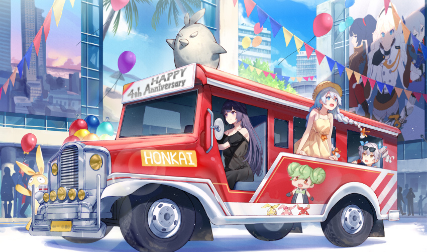 3girls :d ai-chan_(honkai_impact) anniversary arl balloon black_dress blue_sky braid bronya_zaychik bronya_zaychik_(valkyrie_chariot) bus city closed_mouth cloud cloudy_sky dress drill_hair driving eyewear_on_head grey_eyes grey_hair hair_between_eyes hair_ribbon hat highres homei_(honkai_impact) homu_(honkai_impact) honkai_(series) honkai_impact_3rd jeepney jingwei_(bird) kiana_kaslana kiana_kaslana_(valkyrie_ranger) long_hair motor_vehicle multiple_girls multiple_riders open_mouth outdoors philippines ponytail poster_(object) raiden_mei raiden_mei_(valkyrie_bladestrike) ribbon short_sleeves sitting sky sleeveless sleeveless_dress smile straw_hat sunglasses twin_braids twin_drills yellow_dress