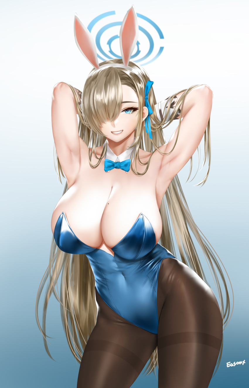 animal_ears armpits arms_behind_head arms_up artist_name asuna_(blue_archive) asuna_(bunny)_(blue_archive) bare_arms blonde_hair blue_archive blue_bow blue_bowtie blue_eyes blue_leotard bow bowtie breasts brown_pantyhose cleavage commentary detached_collar easonx fake_animal_ears female gloves gradient_background grin hair_over_one_eye hairband halo highres huge_breasts leotard long_hair looking_at_viewer md5_mismatch mole mole_on_breast official_alternate_costume pantyhose playboy_bunny rabbit_ears smile solo strapless strapless_leotard thighband_pantyhose traditional_bowtie very_long_hair white_gloves white_hairband