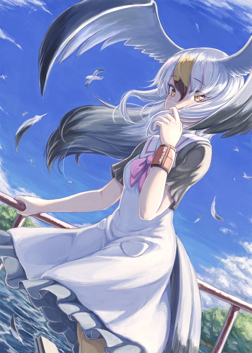 bird_girl bird_tail bird_wings black-tailed_gull_(kemono_friends) black_hair blonde_hair bow bowtie commentary_request cowboy_shot dress female frilled_dress frills grey_hair grey_sleeves hair_between_eyes head_wings highres kemono_friends long_hair multicolored_hair okyao outdoors purple_bow purple_bowtie sailor_collar sailor_dress short_sleeves solo tail white_dress white_hair wings yellow_eyes