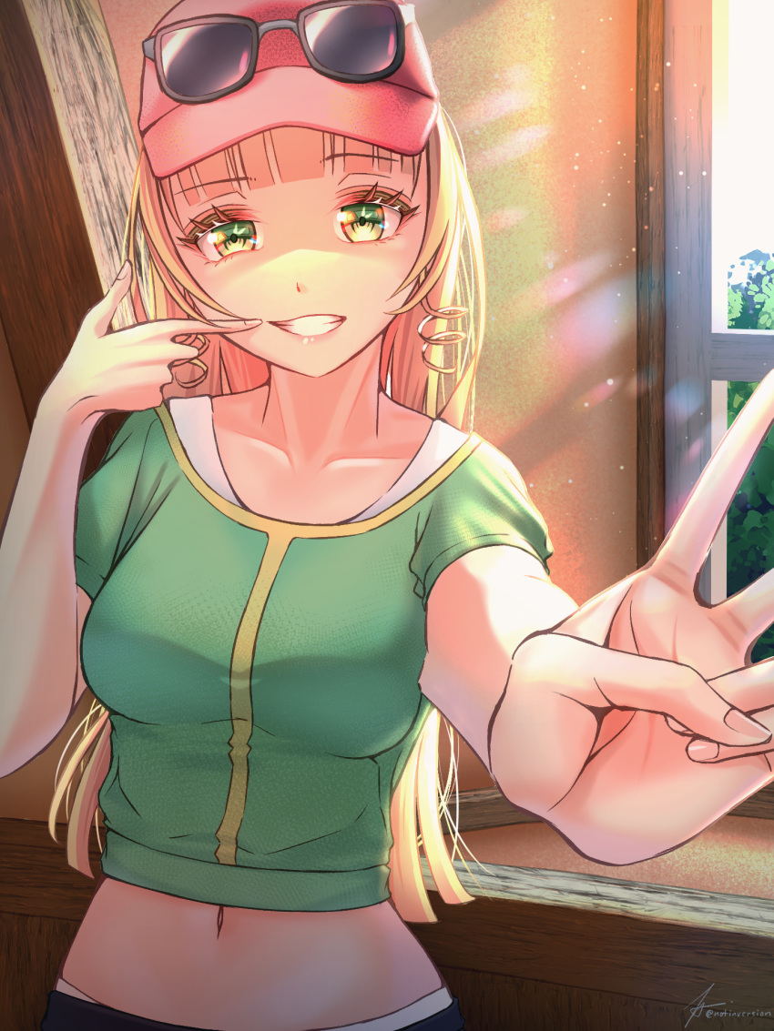 baseball_cap blonde_hair blunt_bangs breasts crop_top day drill_hair english_commentary eyewear_on_headwear female finger_gun fingersmile green_eyes green_shirt grin hand_up hat heanna_sumire highres indoors long_hair looking_at_viewer love_live! love_live!_superstar!! medium_breasts midriff navel notinversion outstretched_arm shirt sidelocks signature smile solo stomach straight_hair sunglasses sunlight teeth upper_body v window