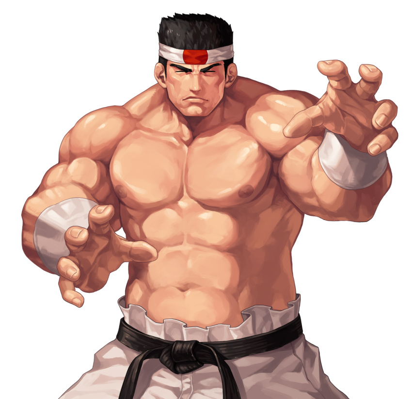 1boy abs biceps black_hair closed_eyes closed_mouth commentary_request cowboy_shot daimon_gorou evilgun facing_viewer fighting_stance fingernails hachimaki headband highres large_pectorals male_focus muscular muscular_male navel nipples pants pectorals serious short_hair sideburns simple_background solo standing the_king_of_fighters the_king_of_fighters_'97 thick_eyebrows topless_male white_background white_pants