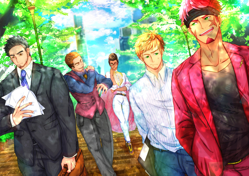 1other 4boys amemori_kero bad_id bad_pixiv_id bag beard belt black_hair black_suit blonde_hair blue_pants blue_shirt brown_eyes cigarette clipboard closed_eyes day facial_hair formal glasses green_eyes gyee handbag hands_in_pockets headband lan_(gyee) long_sideburns male_focus mouth_hold multiple_boys musso_(gyee) necktie one_eye_closed outdoors pants paper pink_vest rand_(gyee) scar scar_on_face shirt sideburns standing stubble suit thick_eyebrows tree turing_(gyee) vest white_pants