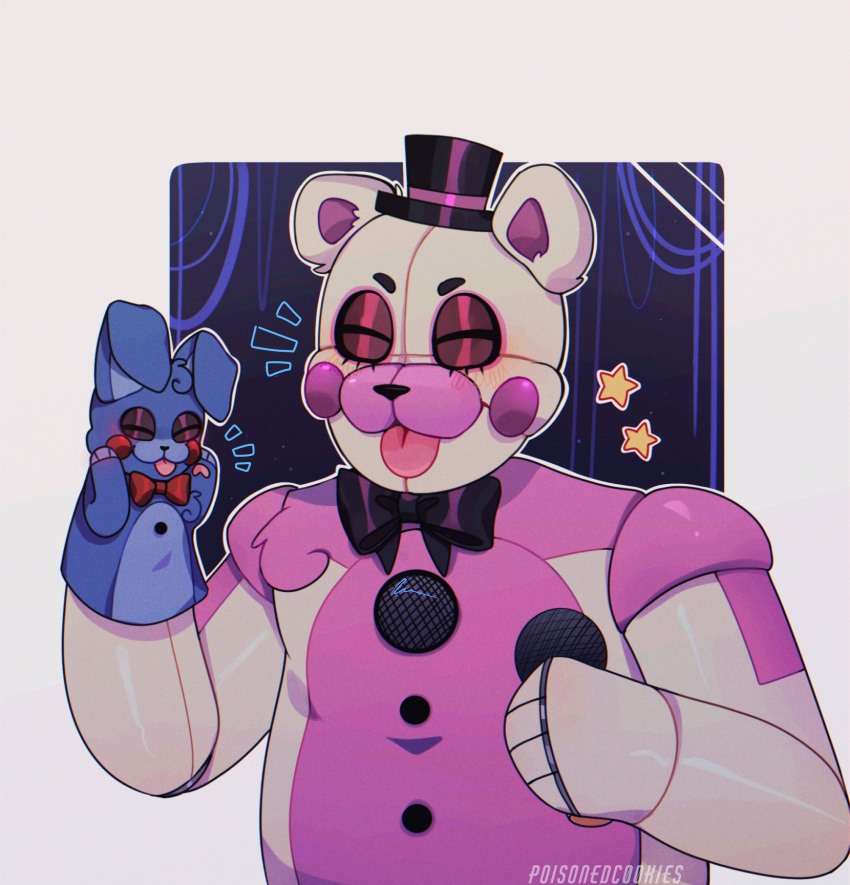 >:3c 2020 :3c abstract_background ambiguous_gender animatronic anthro bear big_ears black_background black_nose blep blue_background blue_body blue_ears blue_fur blue_hair blush border bow_tie close-up closed_eyes clothing duo electronics eyelashes five_nights_at_freddy's funtime_freddy_(fnafsl) fur hair half-length_portrait hand_on_face hand_on_head hand_puppet hat headgear headwear hi_res holding_microphone holding_object lagomorph leporid long_ears machine male mammal microphone multicolored_body multicolored_ears multicolored_fur pawpads paws pink_body pink_fur pink_tongue poisoned-c00kies portrait puppet puppet_bonnie_(fnafsl) purple_ears rabbit raised_arm robot scottgames shadow short_ears short_hair simple_background singer sister_location size_difference slightly_chubby smile standing star tongue tongue_out top_hat two_tone_body two_tone_ears two_tone_fur white_body white_border white_ears white_fur wire