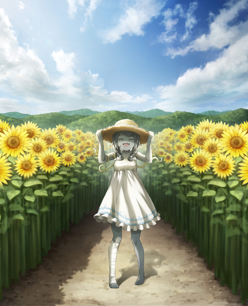 :d ^_^ bandaged_leg bandages bare_shoulders barefoot blue_sky bow braid closed_eyes cloud cloudy_sky colored_skin dress female field flower flower_field grey_hair grey_skin hands_on_headwear hat highres hill holding indie_virtual_youtuber noruka-soruka open_mouth piercing sharp_teeth sky smile solo straw_hat sun_hat sunflower sunflower_field sunlight teeth tentacle tongue_piercing twin_braids virtual_youtuber white_bow white_dress zombie zonbko