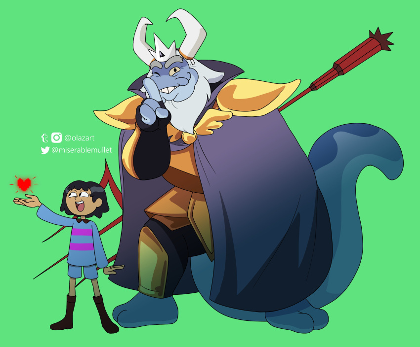 2021 absurd_res amphibia_(series) amphibian anthro armor artist_name asgore_dreemurr beard blue_body cape clothed clothing cosplay disney duo facial_hair female frisk_(undertale) giant_salamander green_background hi_res human king_andrias_leviathan looking_at_viewer male mammal marcy_wu melee_weapon olazart one_eye_closed polearm salamander_(amphibian) simple_background text trident undertale undertale_(series) video_games weapon