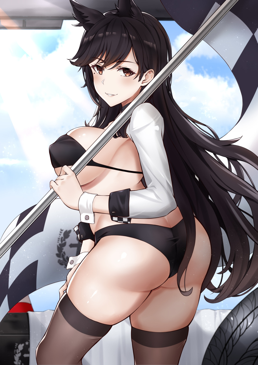 absurdres animal_ears ass atago_(azur_lane) atago_(stunning_speedster)_(azur_lane) azur_lane black_hair black_thighhighs blue_sky blush breasts brown_eyes female flag highres large_breasts long_hair looking_at_viewer race_queen simple_background sky smile solo thighhighs thighs yukiaka