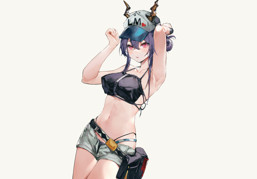 arknights bikini ch'en_(arknights) gray hat horns hoshino_yuu_sama pink_eyes purple_hair shorts swimsuit third-party_edit wristwear