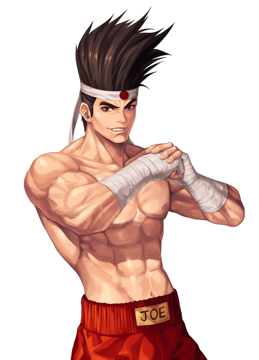 1boy abs bandaged_arm bandages biceps brown_eyes brown_hair character_name clenched_hand collarbone commentary_request cowboy_shot evilgun fatal_fury fingernails fist_in_hand grin hachimaki headband highres joe_higashi looking_at_viewer male_focus muscular muscular_male navel nipples pectorals red_shorts short_hair shorts simple_background smile solo standing teeth the_king_of_fighters the_king_of_fighters_'97 topless_male veins white_background