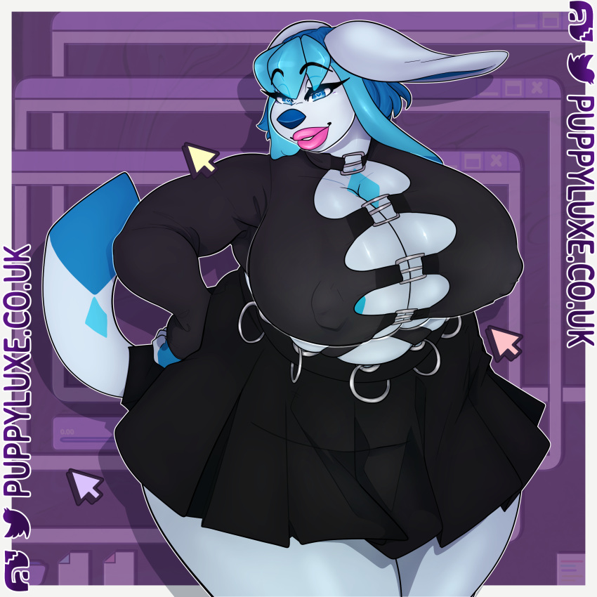 1:1 absurd_res alternative_fashion anthro belly big_belly big_breasts bottomwear breasts cleavage clothed clothing crystal_(puppeon) eeveelution female generation_4_pokemon glaceon goth heart_eyes heart_symbol hi_res huge_breasts huge_hips lips lipstick looking_at_viewer makeup meme miniskirt nintendo nipple_outline outfit_meme overweight pokemon pokemon_(species) pokemorph punk puppeon skirt smile solo tail_under_skirt thick_lips thick_thighs tight_clothing wide_hips