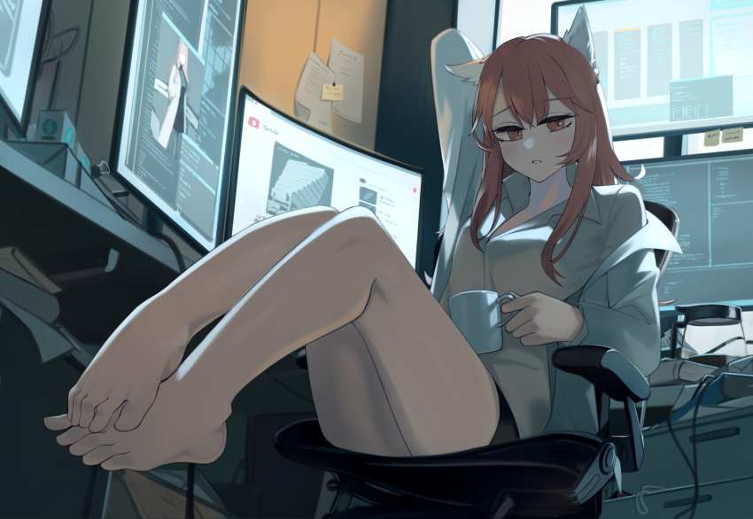 absurdres animal_ears arm_up bare_legs barefoot black_shorts blush box breasts cat_ears chair coat coffee_mug coffee_pot commentary commentary_request cup desk etazhi_(molchat_doma) feet female foot_focus foreshortening full_body girls'_frontline girls'_frontline_neural_cloud hair_between_eyes highres hinami047 holding holding_cup indoors knees_up lab_coat legs lightning_bolt_symbol long_hair long_sleeves looking_at_viewer medium_breasts monitor mug off_shoulder office_chair open_clothes open_coat paper parted_lips partial_commentary persica_(girls'_frontline) persicaria_(neural_cloud) pink_eyes pink_hair shirt shorts sitting solo sticky_note swivel_chair toes white_shirt wire youtube