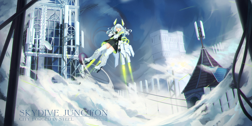 artist_name black_dress black_gloves black_jacket blue_sky boots breasts building commentary_request dated day dress english_text eyebrows_hidden_by_hair female flying gloves green_eyes hair_between_eyes half_gloves highres jacket knee_boots layered_sleeves long_hair long_sleeves looking_at_viewer mecha_musume natori_youkai open_clothes open_jacket open_mouth original outdoors panties platform_footwear puffy_short_sleeves puffy_sleeves satellite_dish shirt short_over_long_sleeves short_sleeves sky small_breasts smoke solo thighhighs underwear white_footwear white_hair white_panties white_shirt white_thighhighs