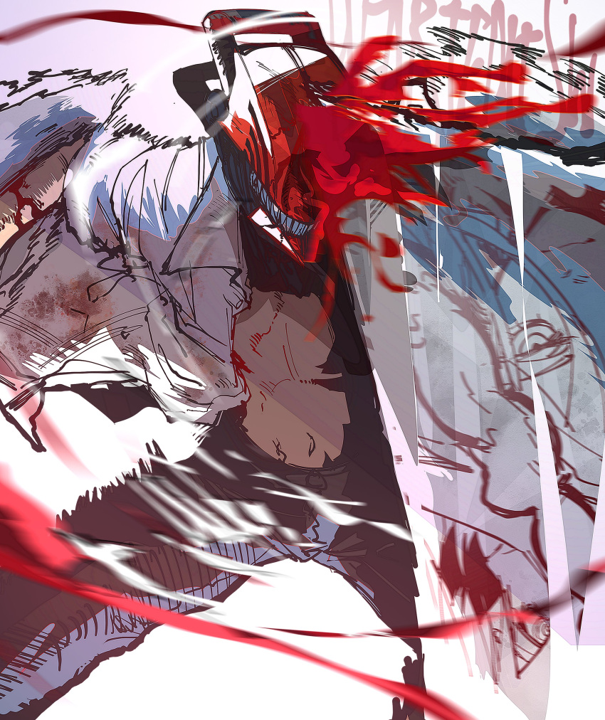 1boy absurdres black_pants blood blood_on_clothes blood_on_weapon blood_spray chainsaw chainsaw_man collared_shirt denji_(chainsaw_man) facing_viewer female highres isaacchief300 limited_palette looking_at_viewer makima_(chainsaw_man) motion_lines no_eyes open_clothes pants reflection ringed_eyes sharp_teeth shirt simple_background solo_focus speed_lines teeth weapon white_background white_shirt