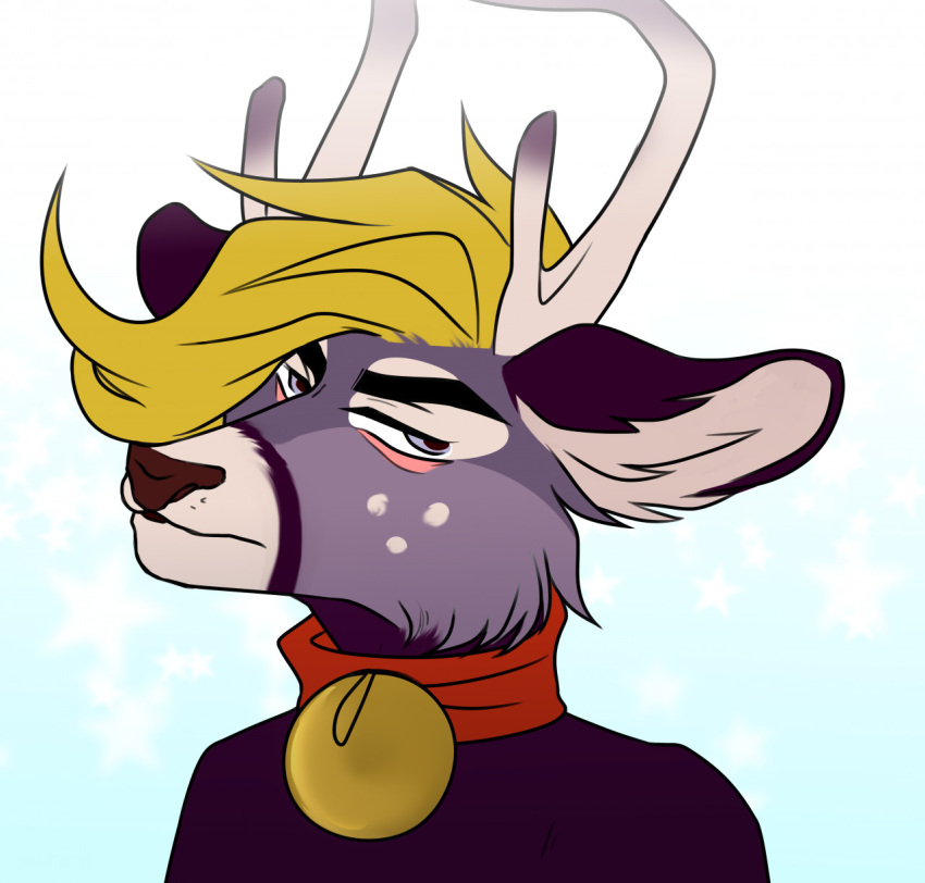 annoyed anthro antlers arrteen bell bell_collar blonde_hair blue_body blue_eyes collar cosmic_background damon_fallow deer fur hair headshot_portrait hi_res horn looking_at_viewer male mammal markings portrait purple_body purple_fur solo starry_background white_ears white_markings