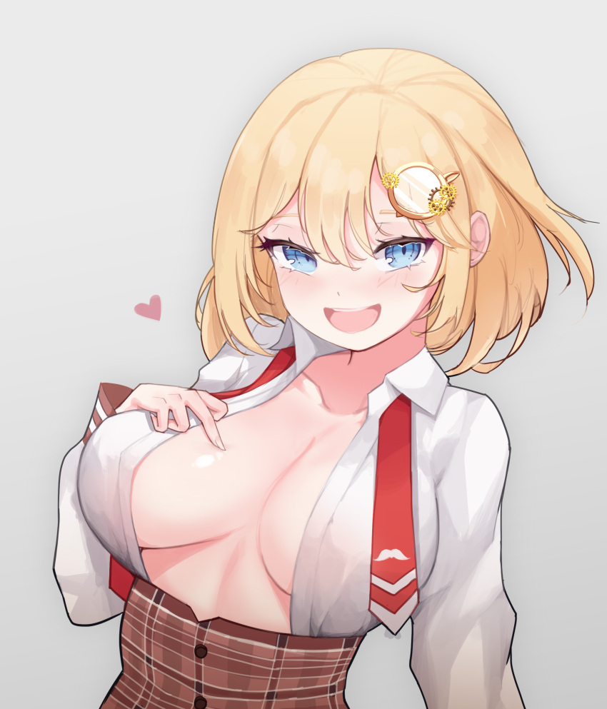 :d absurdres blonde_hair blouse blue_eyes bob_cut breasts collarbone female hair_ornament heart high-waist_skirt highres hololive hololive_english necktie no_bra open_clothes open_shirt shirt short_hair sideboob simple_background skirt sliverdog smile solo upper_body virtual_youtuber watson_amelia watson_amelia_(1st_costume)