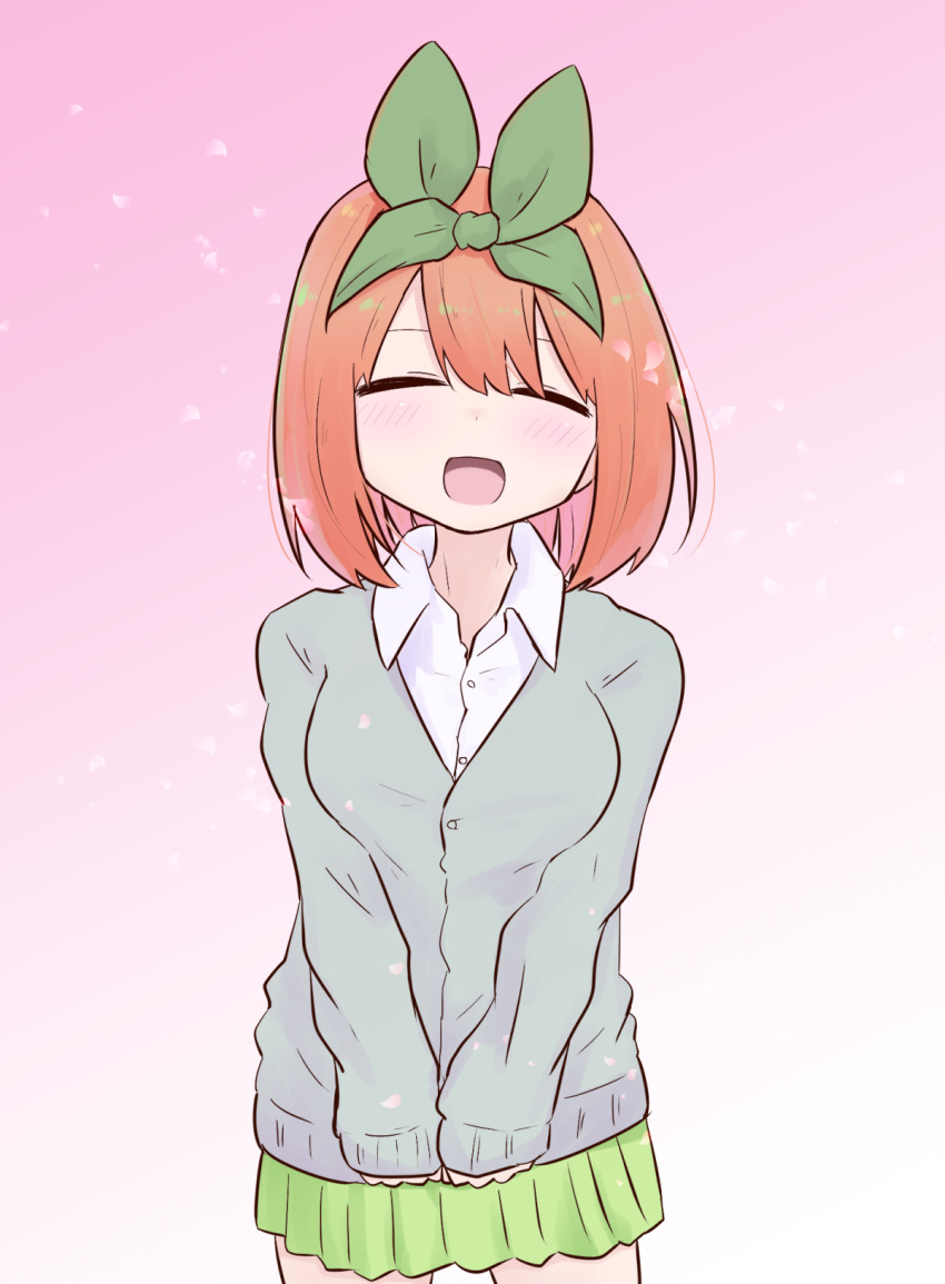 :d ^_^ blush breasts cardigan closed_eyes collared_shirt commentary_request dress_shirt eyebrows_hidden_by_hair facing_viewer female go-toubun_no_hanayome gradient_background green_ribbons green_skirt grey_cardigan hair_between_eyes hair_ribbon highres kujou_karasuma long_sleeves medium_breasts nakano_yotsuba open_mouth orange_hair pink_background pleated_skirt ribbon shirt skirt sleeves_past_wrists smile solo white_background white_shirt