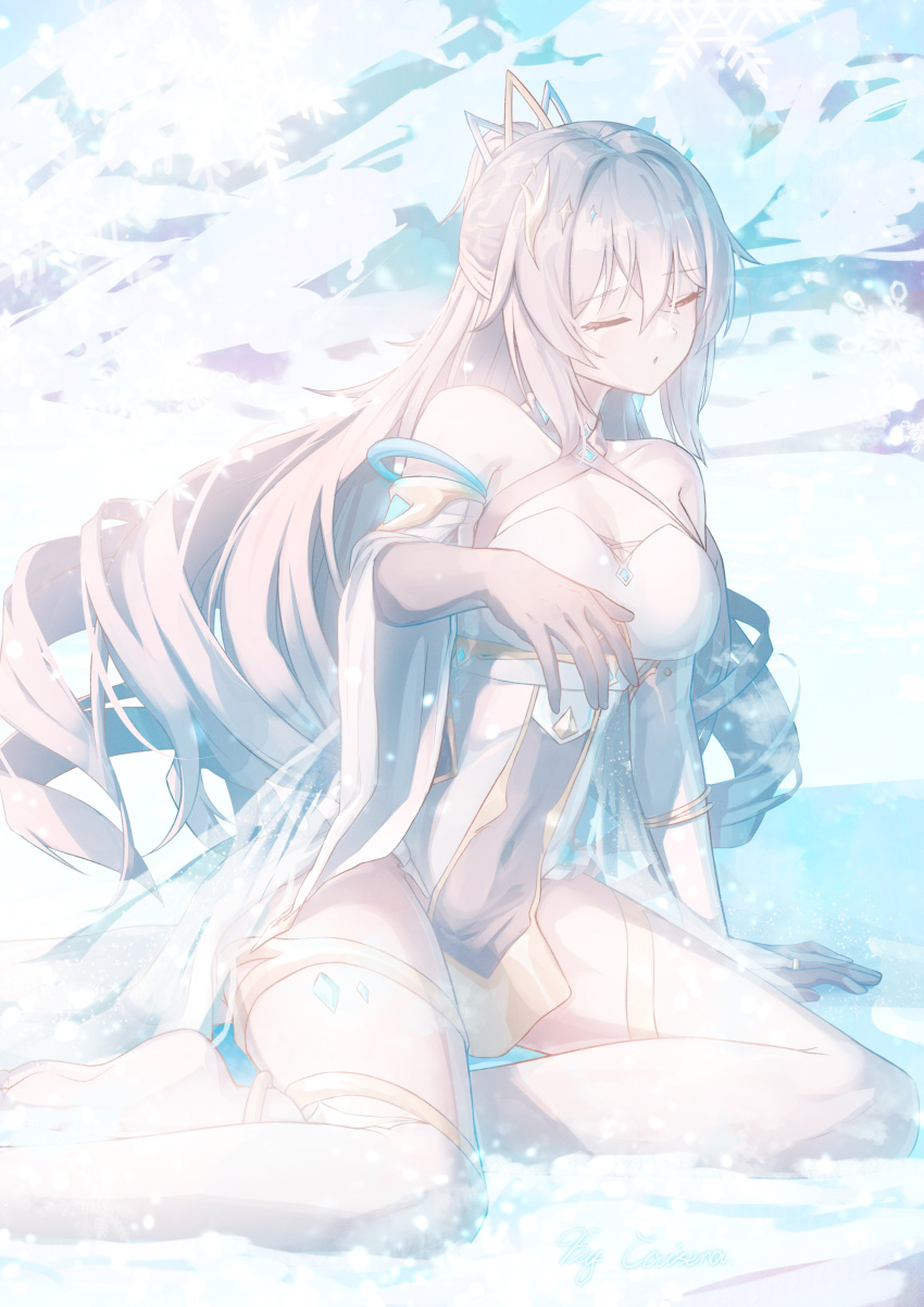 absurdres boots breasts bronya_zaychik bronya_zaychik_(silverwing:_n-ex) caisena cleavage closed_eyes closed_mouth commentary_request day dress elbow_gloves facing_viewer female gloves grey_gloves grey_hair hair_between_eyes highres honkai_(series) honkai_impact_3rd long_hair medium_breasts outdoors ponytail sitting snow snowflakes solo thigh_boots very_long_hair white_dress white_footwear yokozuwari