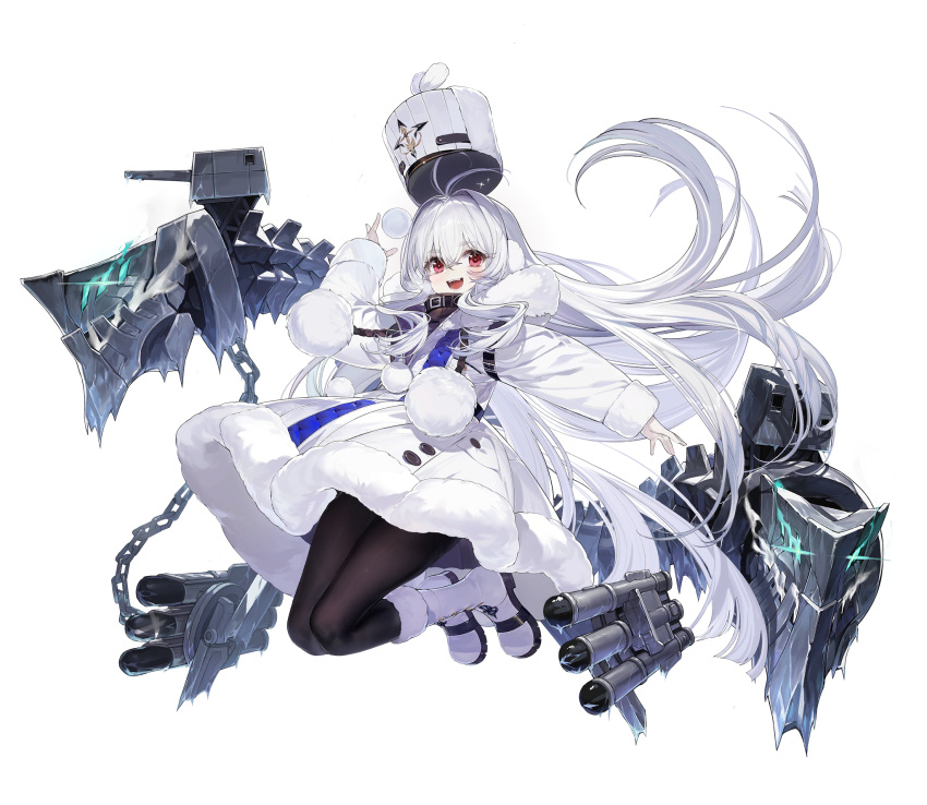 ahoge azur_lane black_legwear blush boots coat coat_dress female fur-trimmed_coat fur-trimmed_collar fur-trimmed_sleeves fur_trim hair_between_eyes hat highres huoyi_(zzh100200) long_hair machinery military_hat official_art open_mouth pantyhose red_eyes rigging smile snow snowball stremitelny_(azur_lane) tornado transparent_background turret very_long_hair white_coat white_footwear white_hair