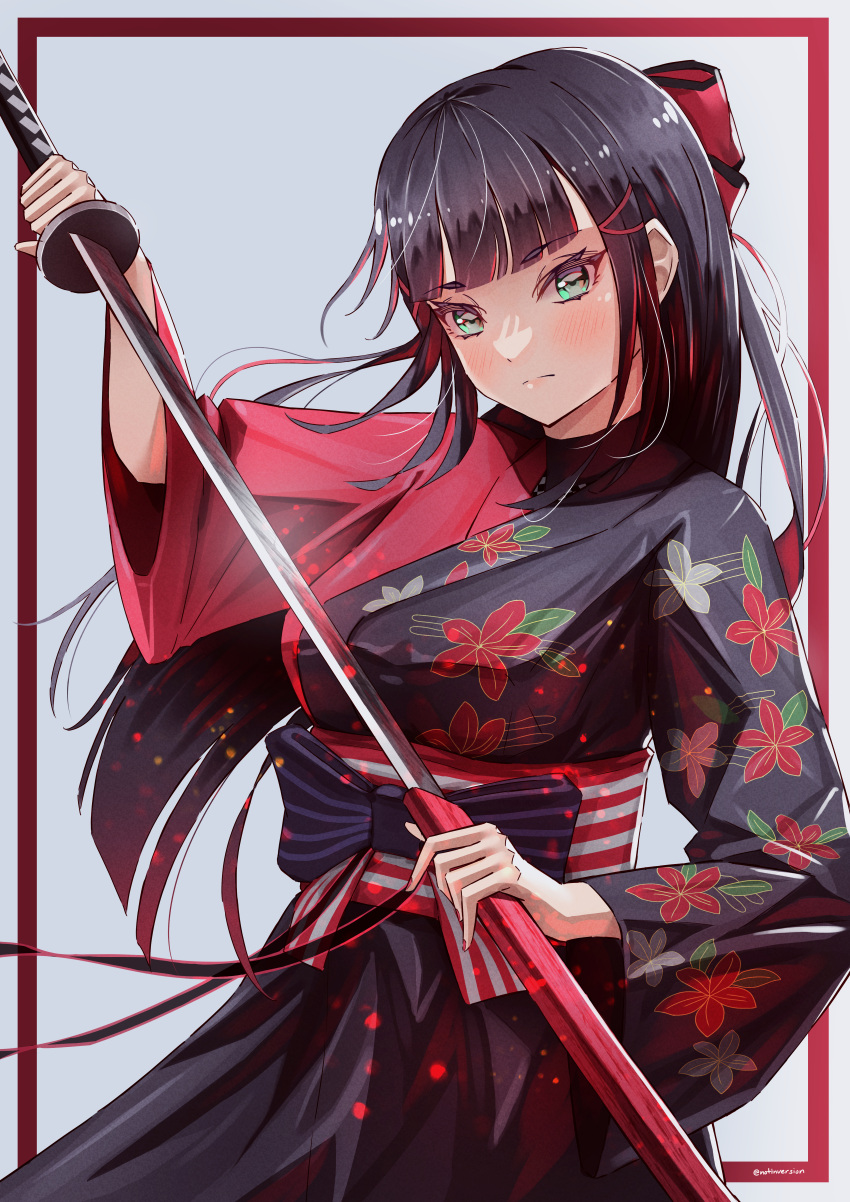 absurdres alternate_costume aqua_eyes black_hair black_skirt blunt_bangs blush bow cowboy_shot female floral_print frown hair_ornament hairpin highres holding holding_sword holding_weapon huge_bow japanese_clothes katana kurosawa_dia long_hair looking_at_viewer love_live! love_live!_sunshine!! notinversion obi perfect_sekai red_bow red_nails sash simple_background skirt solo sword twitter_username weapon wide_sleeves