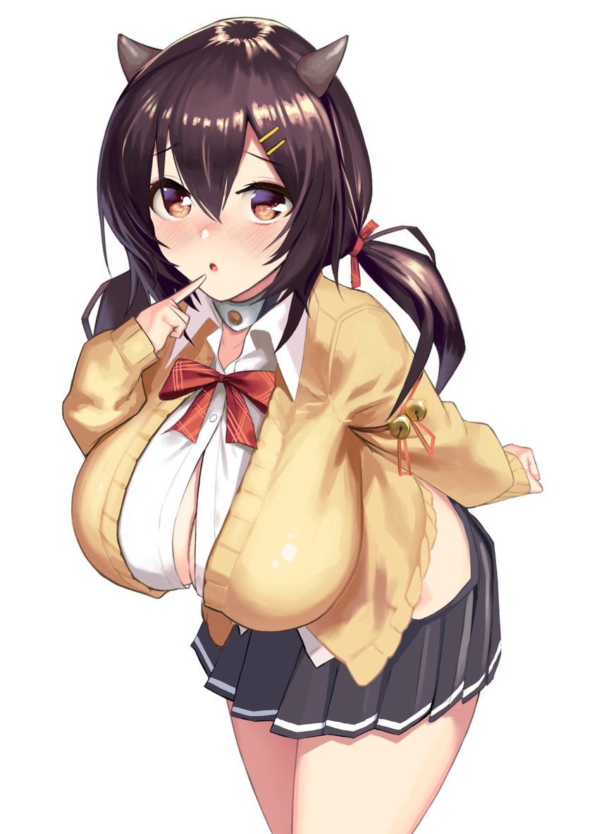 alternate_breast_size azur_lane bell black_hair blush bow breasts brown_eyes button_gap cardigan commentary_request female gen_(black_factory) hair_between_eyes hair_ornament hairclip highres horns huge_breasts long_hair long_sleeves looking_at_viewer nagara_(azur_lane) open_mouth pleated_skirt shirt skirt solo twintails white_shirt