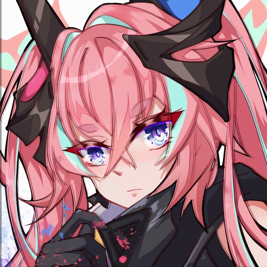 97552153 blue_eyes chromatic_aberration closed_mouth female hair_between_eyes highres honkai_(series) honkai_impact_3rd long_hair looking_at_viewer multicolored_hair pink_hair portrait rozaliya_olenyeva rozaliya_olenyeva_(fervent_tempo) solo streaked_hair twintails