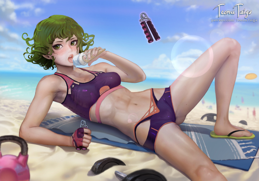 abs beach bikini blurry blurry_background curly_hair day female food green_eyes green_hair horizon ice_cream looking_at_viewer lying mole mole_on_thigh navel on_side one-punch_man open_mouth outdoors short_hair solo swimsuit tankini tatsumaki teemu_taiga telekinesis toned tongue