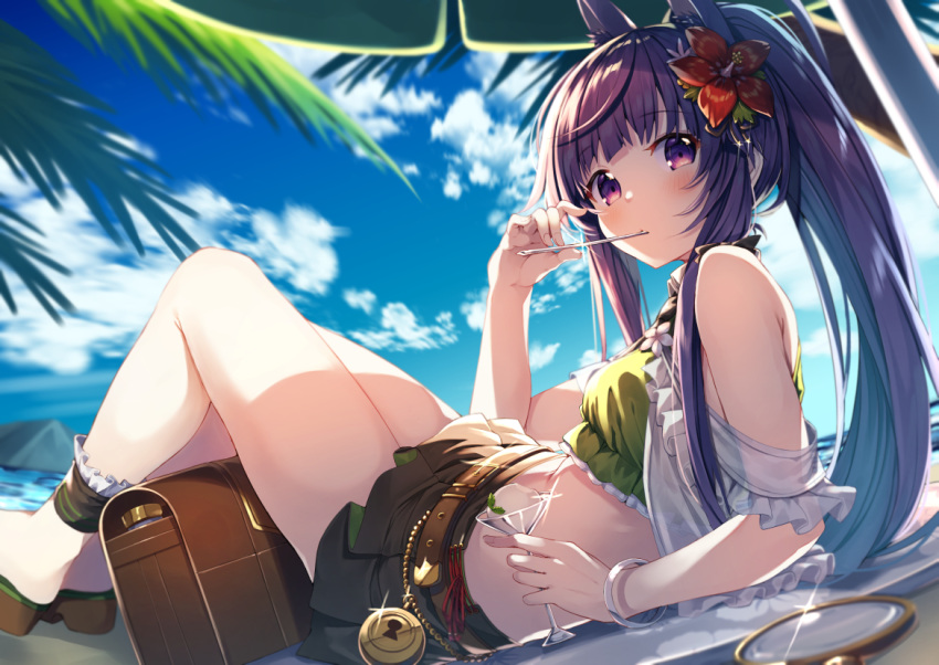 animal_ears ankle_strap bag bare_shoulders belt bikini bikini_skirt bikini_top_only blue_sky blush bracelet cat_ears cat_girl cloud cup day dog_ears dog_girl drinking_glass eating female flower food frills from_side green_bikini gurasion_(gurasion) hair_flower hair_ornament handbag jewelry kasumi_(princess_connect!) kasumi_(summer)_(princess_connect!) knees_up long_hair looking_at_viewer looking_to_the_side lying miniskirt off_shoulder on_back outdoors palm_leaf ponytail princess_connect! purple_eyes purple_hair shade sidelocks skirt sky solo swimsuit water