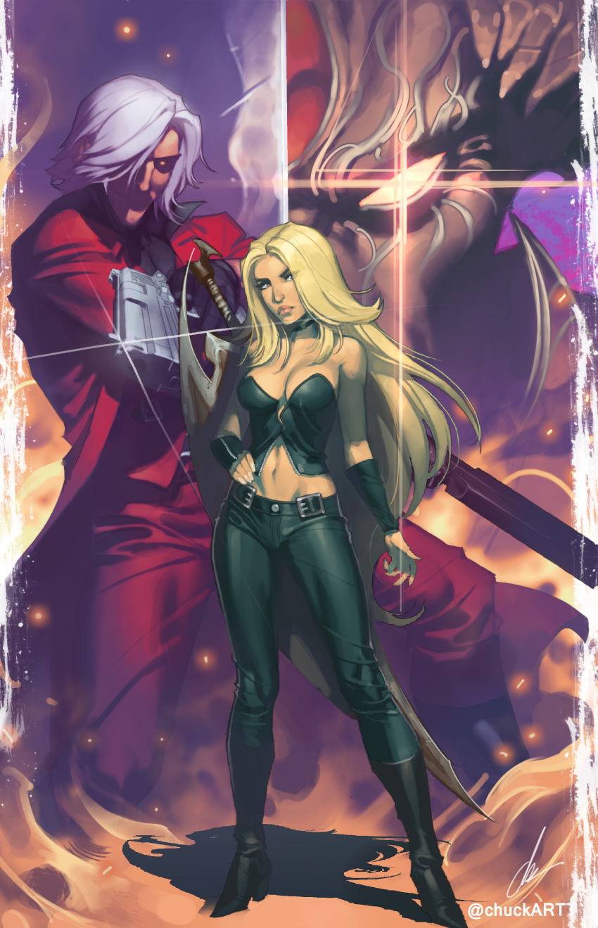 1boy absurdres black_pants blonde_hair boots breasts chuck_pires cleavage dante_(devil_may_cry) devil_may_cry_(series) devil_may_cry_1 dual_wielding female glowing glowing_eye gun hair_over_one_eye handgun high_heel_boots high_heels highres holding jacket long_hair midriff pants photoshop_(medium) red_eyes red_jacket standing sword sword_behind_back trish_(devil_may_cry) very_long_hair weapon