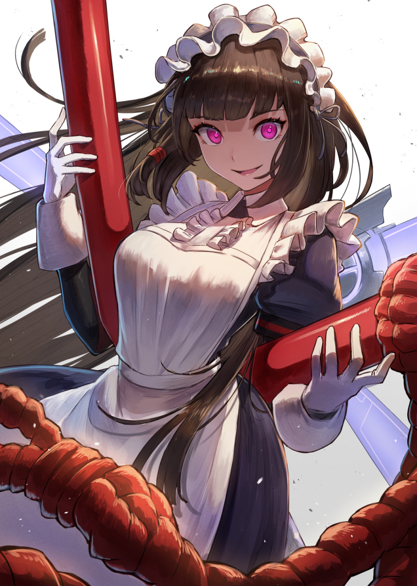 :d apron arm_warmers black_dress brown_hair center_frills commentary_request dress female floating_hair frills gloves hair_tubes highres holding kuroi_susumu last_origin long_hair looking_at_viewer maid maid_headdress open_mouth pink_eyes puffy_short_sleeves puffy_sleeves rope scissors_lise short_sleeves sidelocks smile solo weapon white_apron white_background white_gloves wind