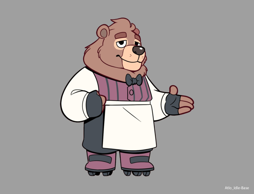 2020 alto_(breeze_in_the_clouds) anthro apron bear biped bow_tie breeze_in_the_clouds brown_body brown_fur clothed clothing fur hi_res humanoid_hands male mammal shirt simple_background solo topwear