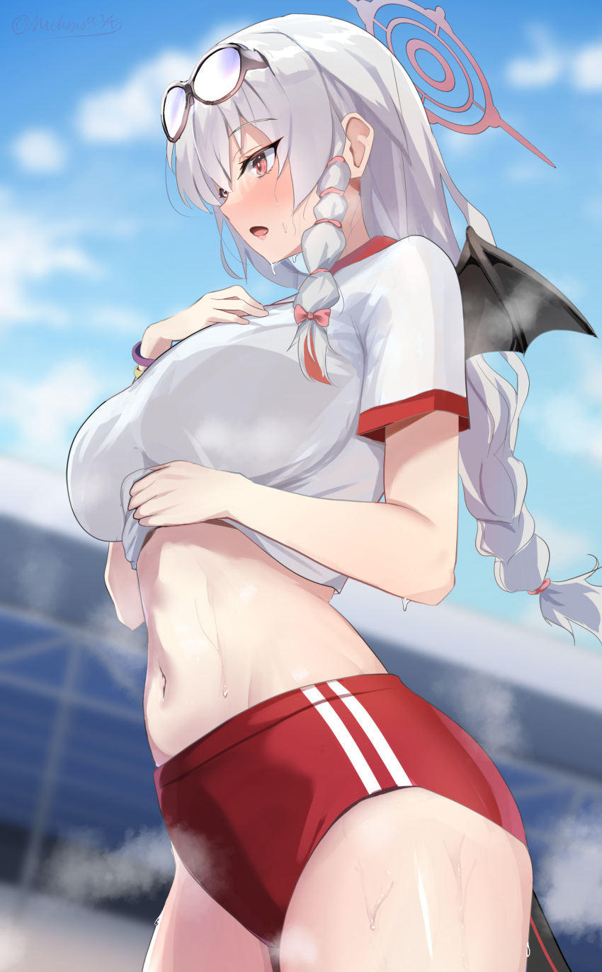 absurdres bat_wings blue_archive blue_sky blurry blurry_background blush braid braided_ponytail breasts buruma cloud commentary day eyewear_on_head female gym_shirt gym_shorts gym_uniform halo haruna_(blue_archive) haruna_(track)_(blue_archive) highres large_breasts long_hair michinoku_(michino934) midriff navel official_alternate_costume open_mouth outdoors red_buruma red_eyes shirt short_sleeves shorts single_braid sky solo steaming_body stomach sunglasses sweat thighs twitter_username white_hair wings