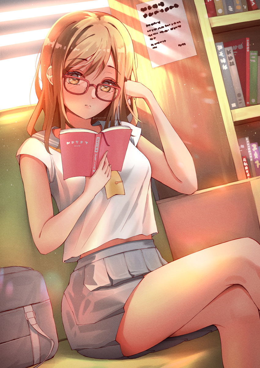 absurdres backlighting bag blush book bookshelf breasts brown_eyes brown_hair chair closed_mouth crossed_legs elbow_gloves female glasses gloves grey_skirt head_rest highres holding holding_book indoors kunikida_hanamaru library long_hair looking_at_object love_live! love_live!_sunshine!! medium_breasts midriff_peek miniskirt neckerchief notinversion pleated_skirt reading sailor_collar school_bag school_uniform serafuku shirt shirt_overhang short_sleeves sitting skirt solo sunlight thighs uranohoshi_school_uniform white_shirt yellow_neckerchief