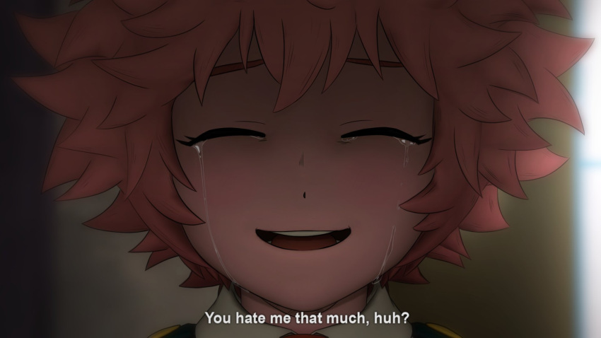 ashido_mina black_sclera blurry blurry_background boku_no_hero_academia close-up closed_eyes colored_sclera colored_skin commentary crying derivative_work english_commentary english_text epaulettes female greatm8 highres looking_down nakitai_watashi_wa_neko_wo_kaburu necktie parted_lips photoshop_(medium) pink_hair pink_skin red_necktie school_uniform shirt short_hair solo source_filmmaker_(medium) subtitled tearing_up u.a._school_uniform white_shirt wing_collar